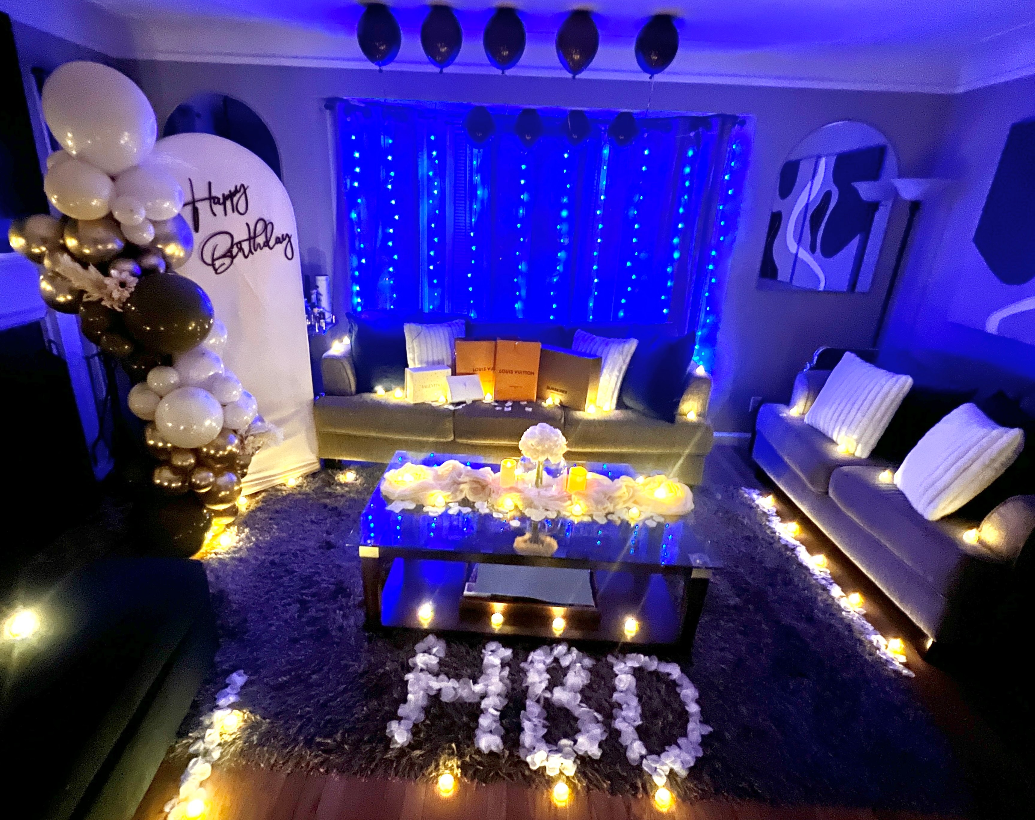 Happy Birthday luxury room setup with blue LED lights
